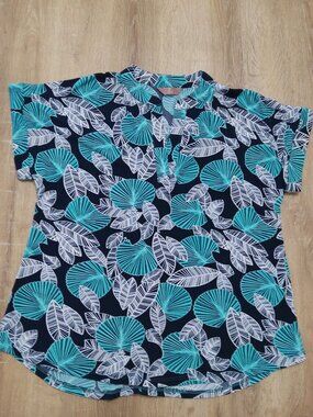 Tropical Leaf-Print Womens Blouse - Amana Size M Navy & Teal Button-Back Detail